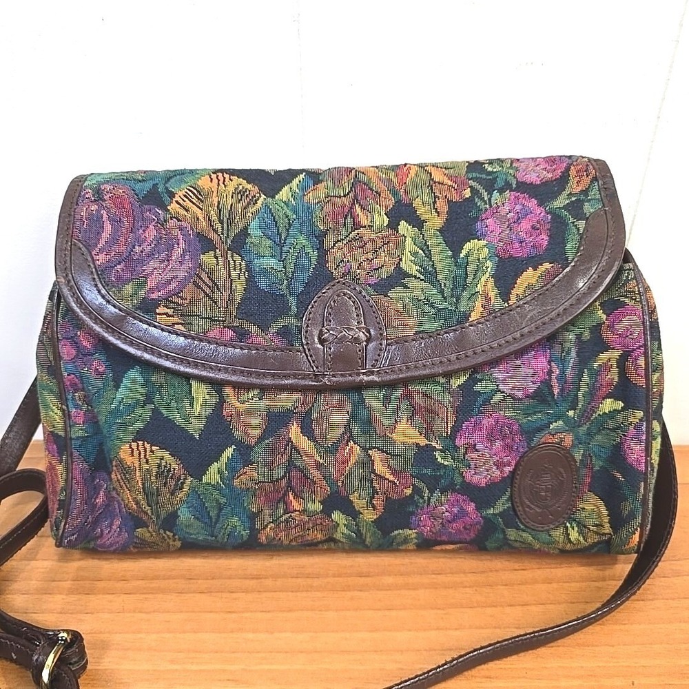 Vintage Liz Claiborne Floral Tapestry Brown Leather Trim‎ Crossbody Bag Designer